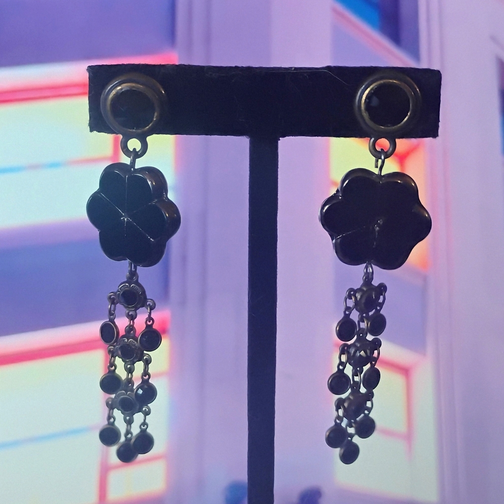 Elegant Black Czech Glass And Austrian Crystal Floral Dangle Earrings
